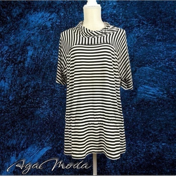 ST.JOHN Luxury Viscose Black And White Striped Tunic Top With Cowl Neck - Picture 2 of 16